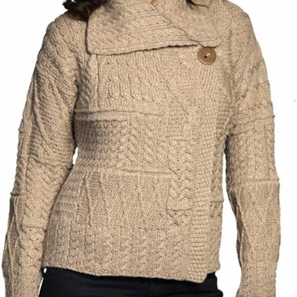 Aran Isles Women Chunky One Button Cardigan Sweater Size M Beige Long Sleeve - Picture 1 of 13